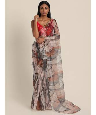 Suta Beige  Brown Abstract Printed Organza Saree 1