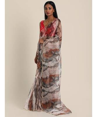 Suta Beige  Brown Abstract Printed Organza Saree 3