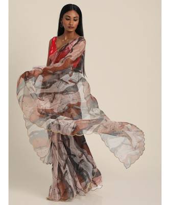 Suta Beige  Brown Abstract Printed Organza Saree 5