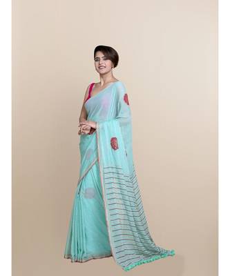 Suta Blue  Red Floral Zari Pure Cotton Saree 1