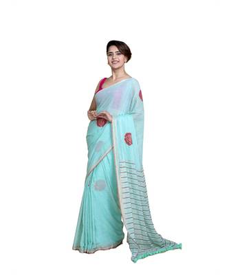 Suta Blue  Red Floral Zari Pure Cotton Saree 2