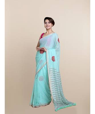 Suta Blue  Red Floral Zari Pure Cotton Saree 3