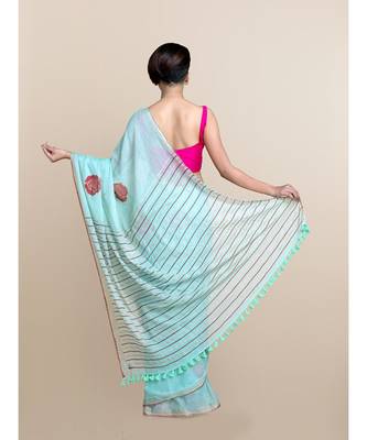 Suta Blue  Red Floral Zari Pure Cotton Saree 4