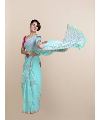 Suta Blue  Red Floral Zari Pure Cotton Saree 5
