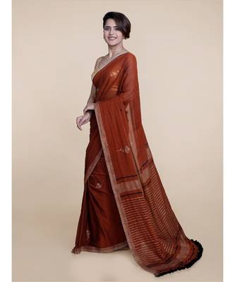 Suta Rust Brown  White Floral Pure Cotton Saree 1