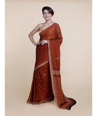 Suta Rust Brown  White Floral Pure Cotton Saree 2