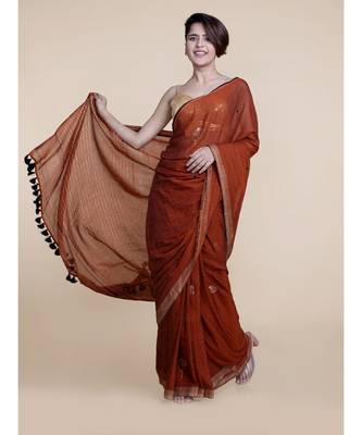 Suta Rust Brown  White Floral Pure Cotton Saree 5
