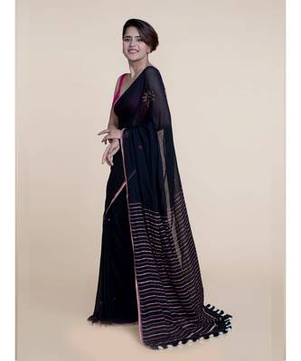 Suta Black  Gold-Toned Striped Zari Pure Cotton Saree 1