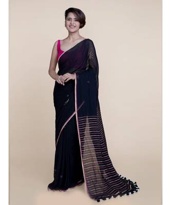 Suta Black  Gold-Toned Striped Zari Pure Cotton Saree 2