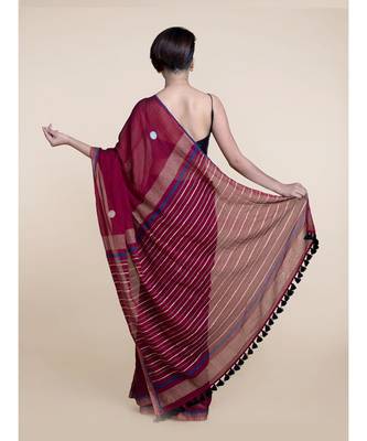 Suta Maroon  Blue Pure Cotton Saree 1