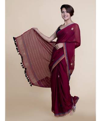 Suta Maroon  Blue Pure Cotton Saree 3
