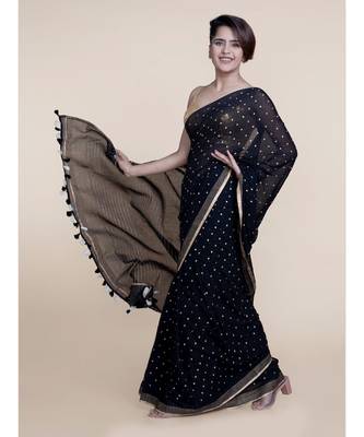 Suta Black  Gold-Toned Zari Pure Cotton Saree 4