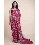 Suta Woman Red  Silver-Toned Handloom Linen Zari Saree