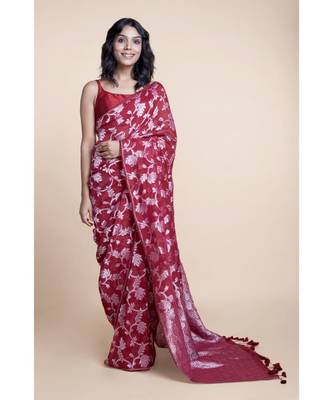 Suta Woman Red  Silver-Toned Handloom Linen Zari Saree 2