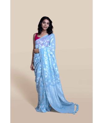 Suta Women Powder Blue Woven Design Jamdani Linen Zari Saree 1