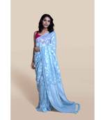 Suta Women Powder Blue Woven Design Jamdani Linen Zari Saree