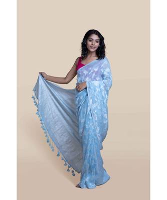 Suta Women Powder Blue Woven Design Jamdani Linen Zari Saree 3
