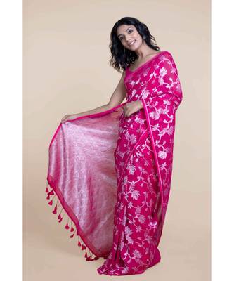 Suta Pink  Silver-Toned Woven Design Zari Linen Saree 2