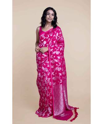 Suta Pink  Silver-Toned Woven Design Zari Linen Saree 3
