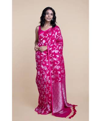Suta Pink  Silver-Toned Woven Design Zari Linen Saree 4