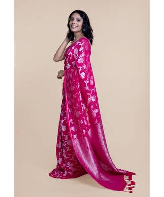 Suta Pink  Silver-Toned Woven Design Zari Linen Saree 5