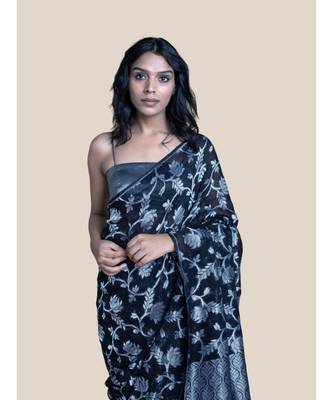 Suta Black  Silver-Toned Woven Design Pure Linen Jamdani Saree 4