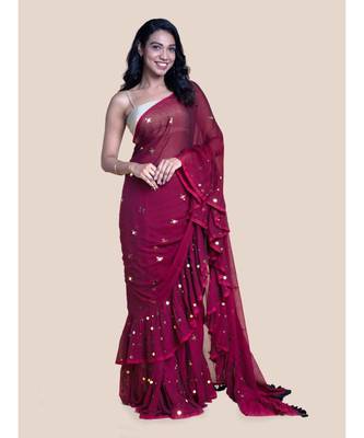 Suta Maroon  Gold-Toned Embellished Sequinned Pure Cotton ruffle Saree 1