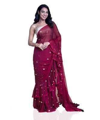 Suta Maroon  Gold-Toned Embellished Sequinned Pure Cotton ruffle Saree 2