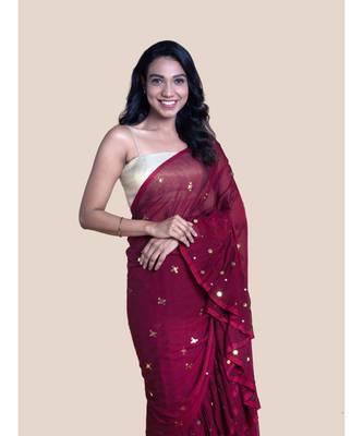 Suta Maroon  Gold-Toned Embellished Sequinned Pure Cotton ruffle Saree 5