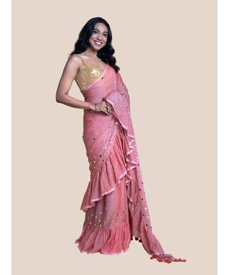 Suta Coral Pink Embellished Pure Cotton ruffle Saree 1