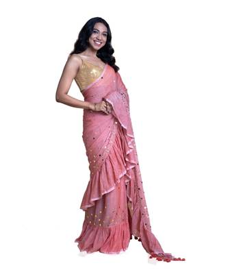 Suta Coral Pink Embellished Pure Cotton ruffle Saree 2