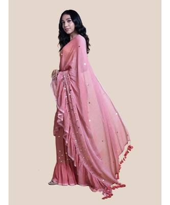 Suta Coral Pink Embellished Pure Cotton ruffle Saree 5