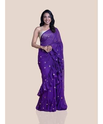 Suta Women Raw Ink Mul Handcrafted Ruffle Chumki Saree 1