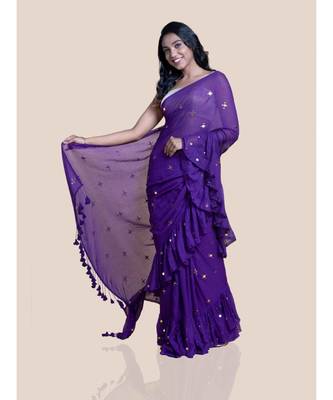 Suta Women Raw Ink Mul Handcrafted Ruffle Chumki Saree 3