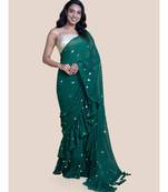 Suta Olive  Gold-Toned Embellished Sequinned Pure Cotton Mul Ruffle Saree
