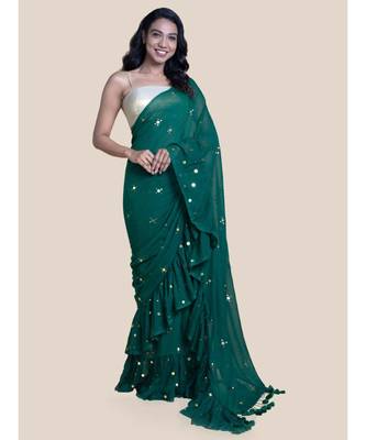 Suta Olive  Gold-Toned Embellished Sequinned Pure Cotton Mul Ruffle Saree 2