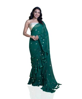 Suta Olive  Gold-Toned Embellished Sequinned Pure Cotton Mul Ruffle Saree 3