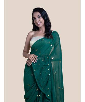 Suta Olive  Gold-Toned Embellished Sequinned Pure Cotton Mul Ruffle Saree 4