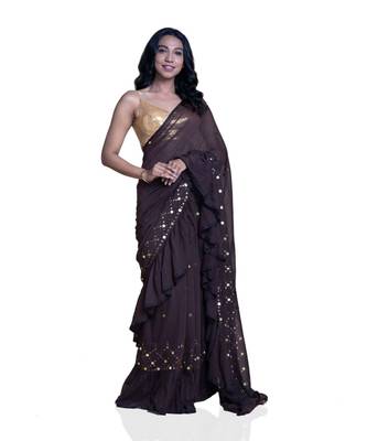 Suta Brown  Gold-Toned Embellished Pure Cotton Ruffle Saree 2