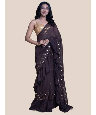 Suta Brown  Gold-Toned Embellished Pure Cotton Ruffle Saree 3