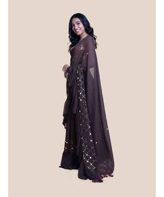 Suta Brown  Gold-Toned Embellished Pure Cotton Ruffle Saree 4