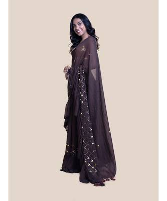 Suta Brown  Gold-Toned Embellished Pure Cotton Ruffle Saree 5