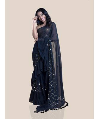 Suta Black  Golden Sequinned Pure Cotton Ruffled Saree 1