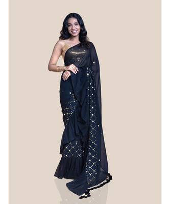 Suta Black  Golden Sequinned Pure Cotton Ruffled Saree 2