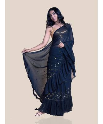 Suta Black  Golden Sequinned Pure Cotton Ruffled Saree 4