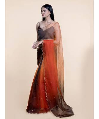 Suta Orange  Brown Organza Metal Sequine Ombre Saree 1