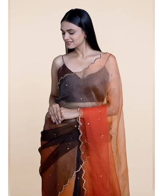 Suta Orange  Brown Organza Metal Sequine Ombre Saree 2