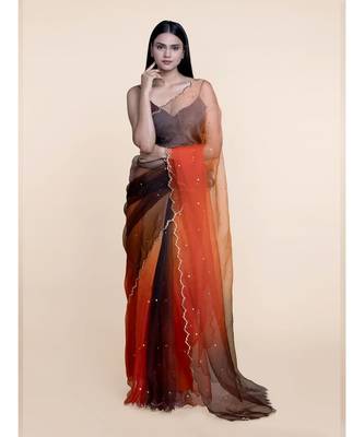 Suta Orange  Brown Organza Metal Sequine Ombre Saree 3