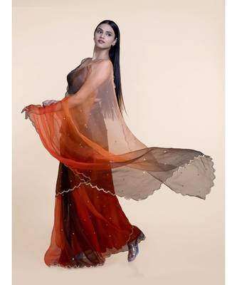 Suta Orange  Brown Organza Metal Sequine Ombre Saree 5