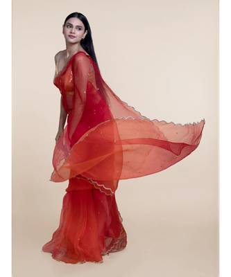 Suta Women Orange  Pink Sequinned Silk Blend Saree 4